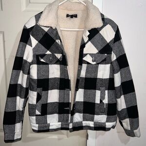 Black and White Jean Jacket with Bold Checkered Design